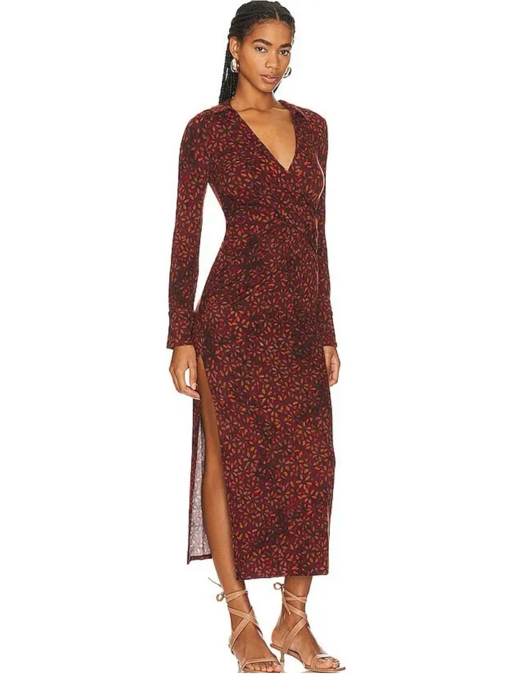 Long Sleeve V-Neck Twist Midi Dress in Burgundy Leaf Print